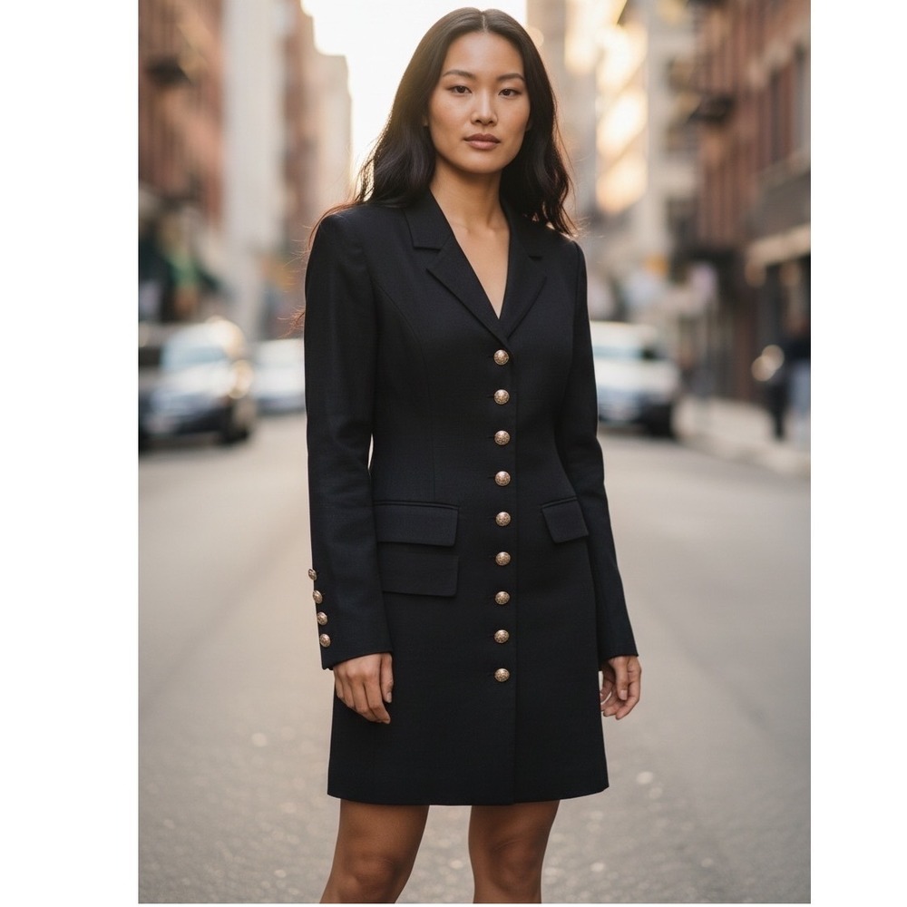 Warehouse Black Linen Blazer Dress Gold Crest Button Longline Mini UK 12 US 8